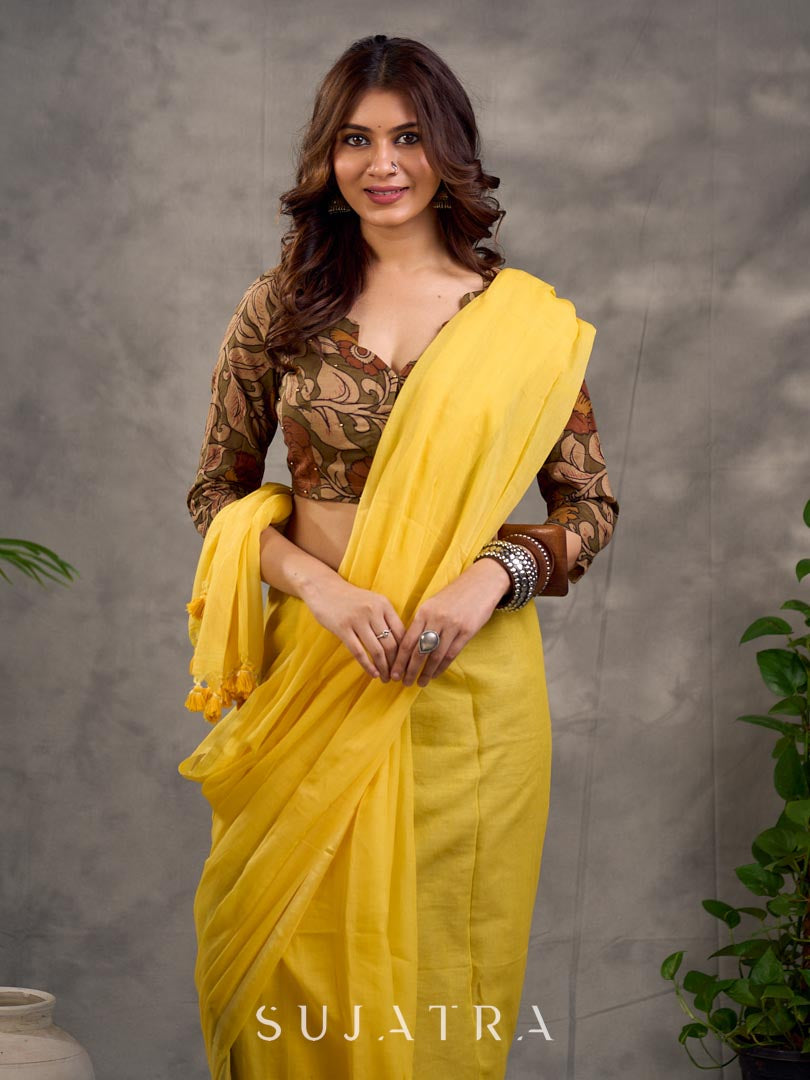 Earthy Beige Kalamkari Printed 3/4th Sleeve Blouse with Scalloped V Neckline