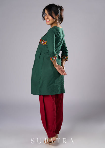 Beautiful Green Cotton Mirror Work Tunic -  Pant Additional