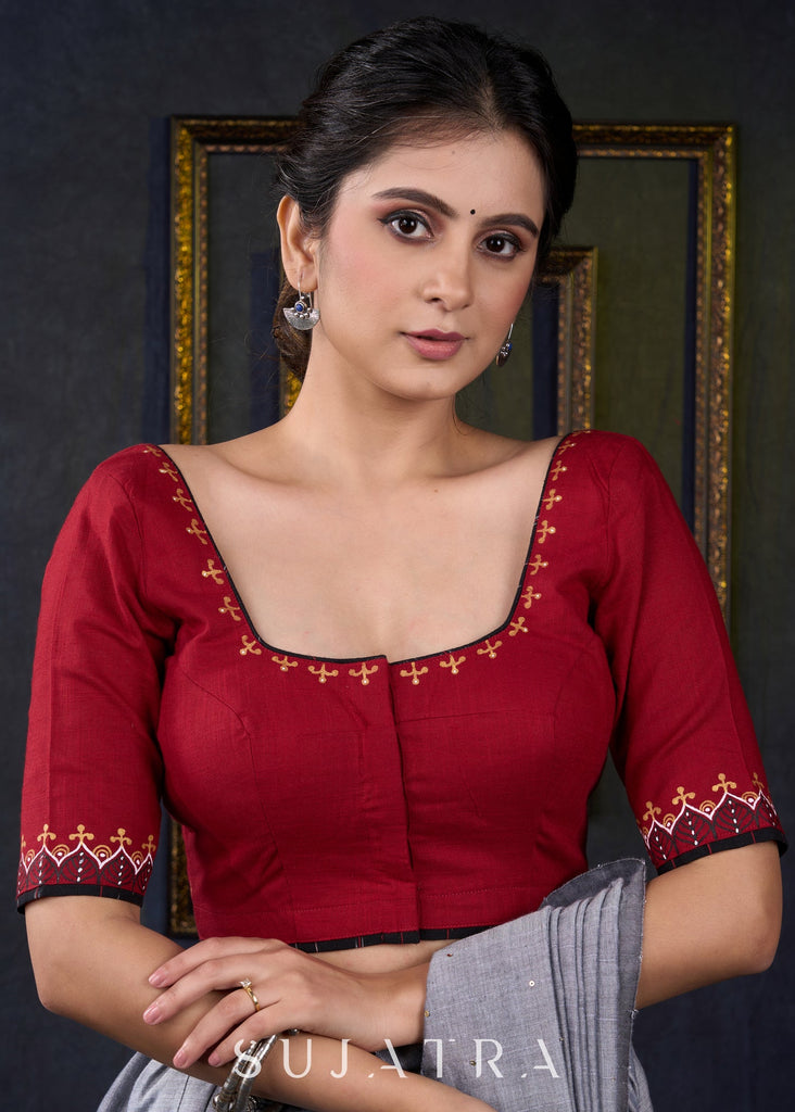 Traditional Gond Hand Painted Maroon Cotton Blouse