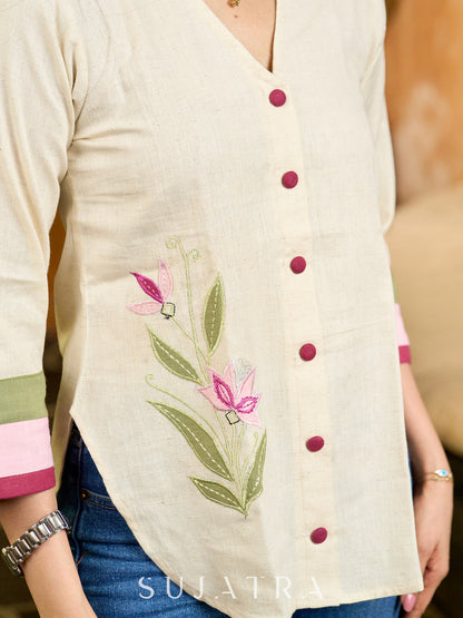 Off White Flex Cotton Top with Colorblock Sleeves and Floral Embroidery