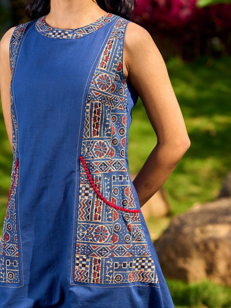 Dussehra Sale — Classic Indigo Blue Cotton Dress Featuring Ajrakh Printed Panels and Contrast Red Highlights