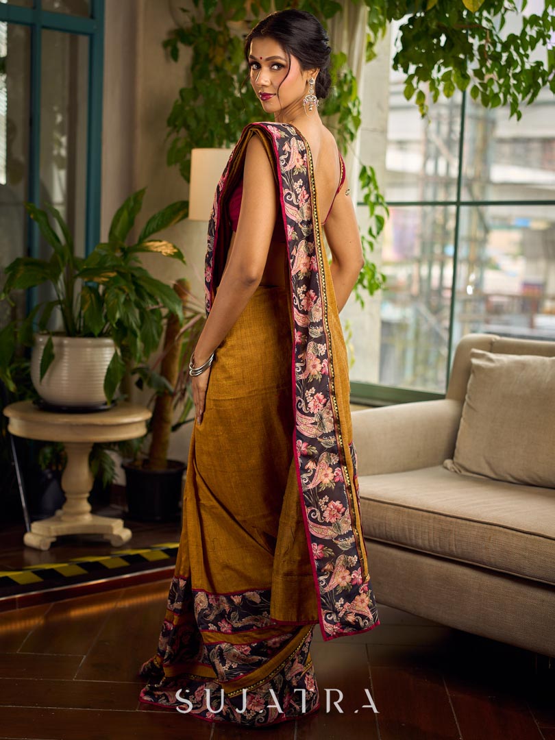 Cultural Mustard Cotton Saree with Kalamkari Floral Printed Border & Pallu & Gold Lace Trim