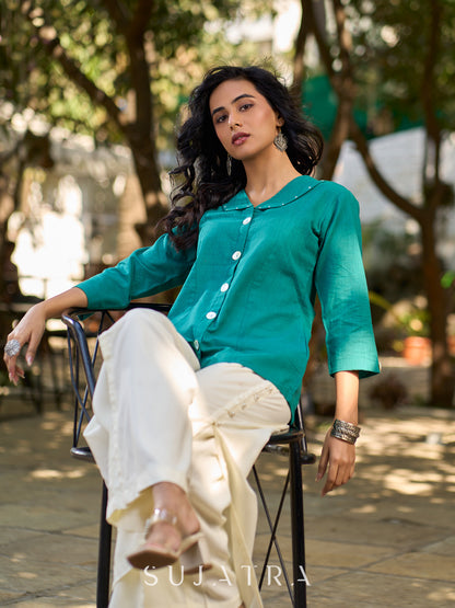 Peacock Green Cotton Shirt Featuring Bold Statement Collar