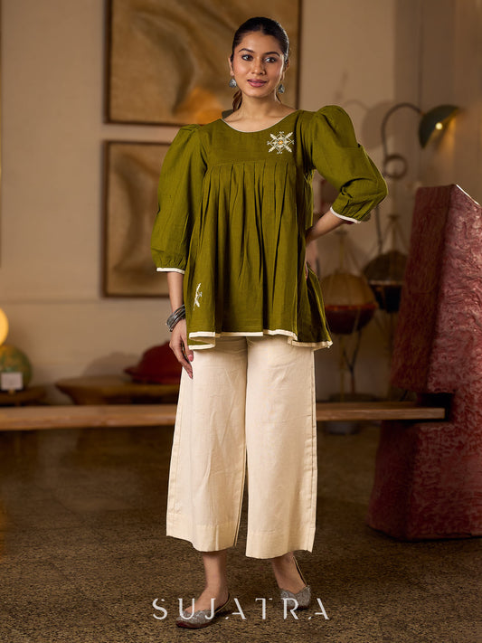Contemporary Olive Green Pleated Top Adorned With Subtle Hand Embroidery & Refined Off White Accents