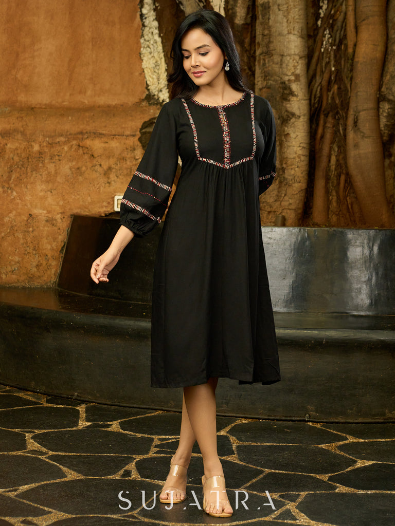 Black Bloom Hand-Kantha Embroidered Dress with Ajrakh Detailing and Statement Sleeves