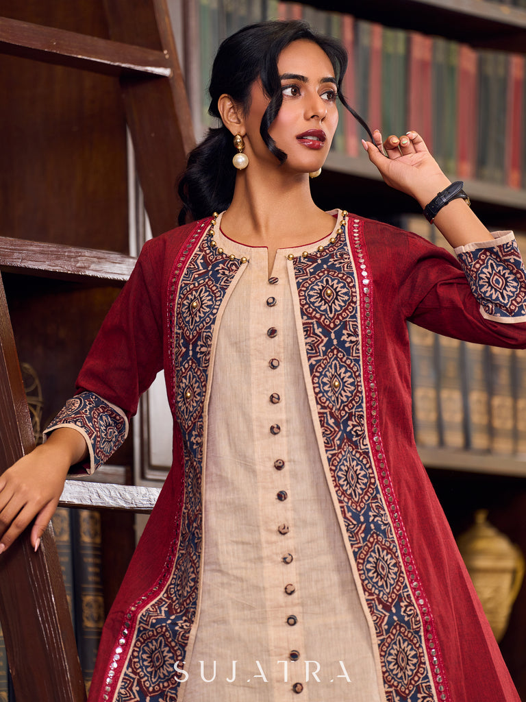 Maroon Handwoven Cotton Jacket With Ajrakh Detailing And Intricate Mirror Lace Trims