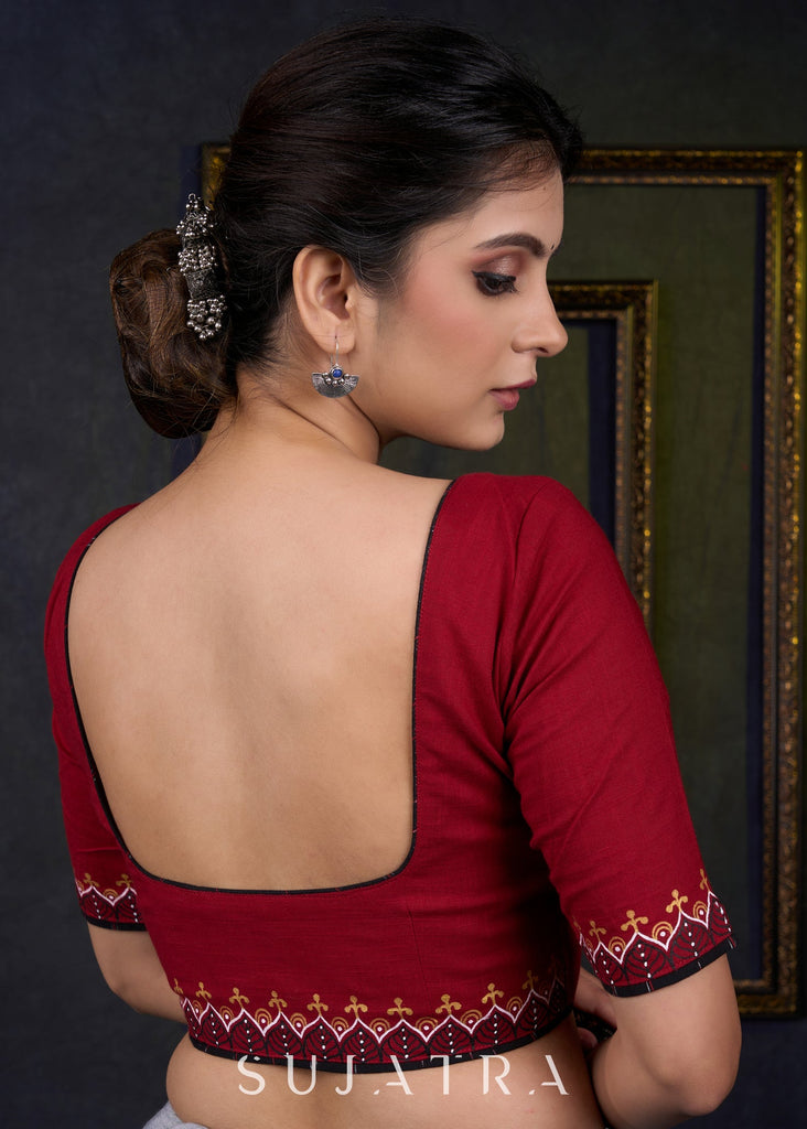Traditional Gond Hand Painted Maroon Cotton Blouse