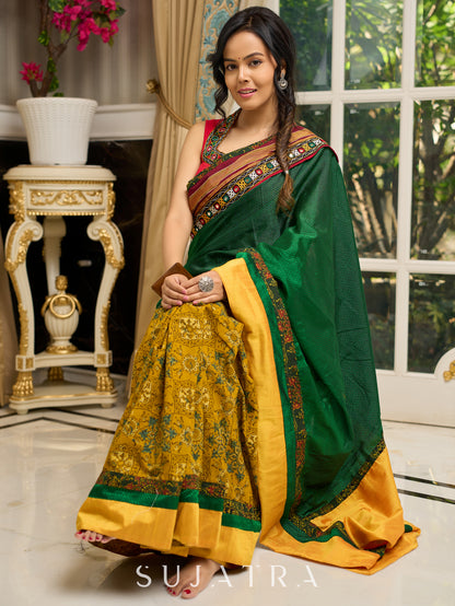 Vibrant Khun-Ajrakh fusion cotton saree with bold block prints and mirrorwork