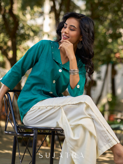 Peacock Green Cotton Shirt Featuring Bold Statement Collar