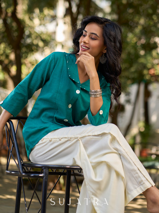 Peacock Green Cotton Shirt Featuring Bold Statement Collar