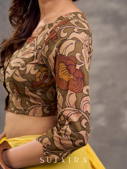 Earthy Beige Kalamkari Printed 3/4th Sleeve Blouse with Scalloped V Neckline