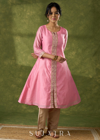 Delicate Pink Chanderi Kurta With Lace Works - Pant Optional