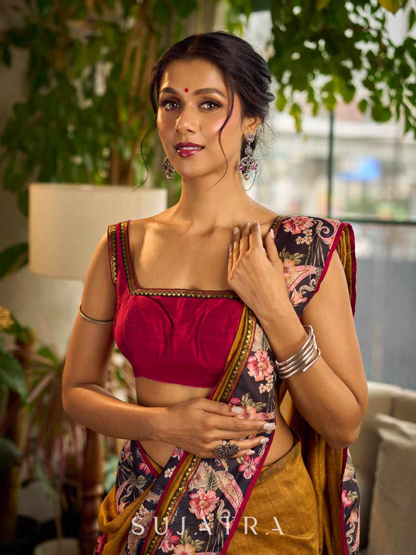 Cultural Mustard Cotton Saree with Kalamkari Floral Printed Border & Pallu & Gold Lace Trim
