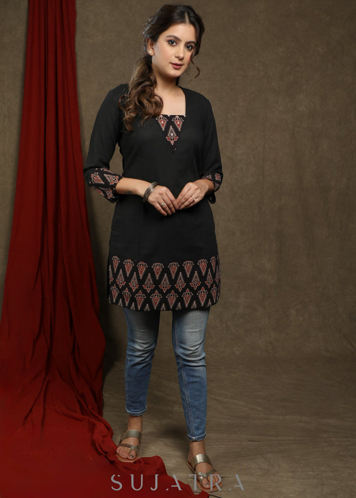 Classy black cotton tunic with beautiful ajrakh combination highlighted with pearls