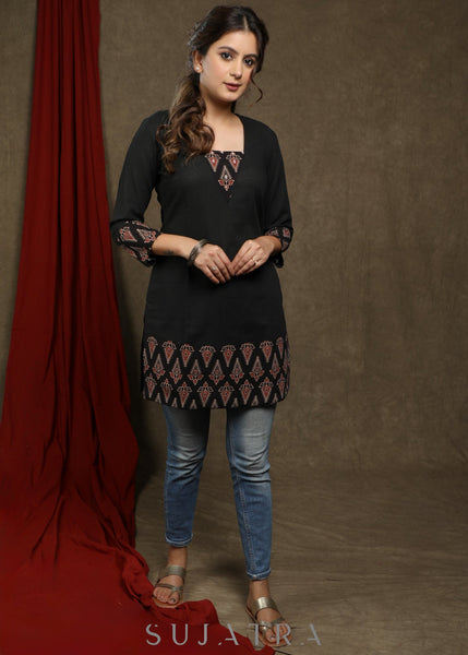 Classy black cotton tunic with beautiful ajrakh combination highlighted with pearls