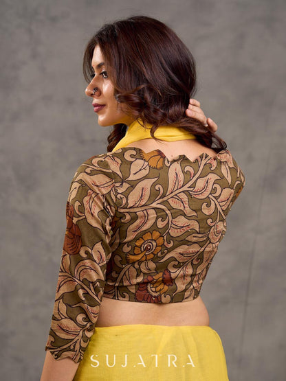 Earthy Beige Kalamkari Printed 3/4th Sleeve Blouse with Scalloped V Neckline