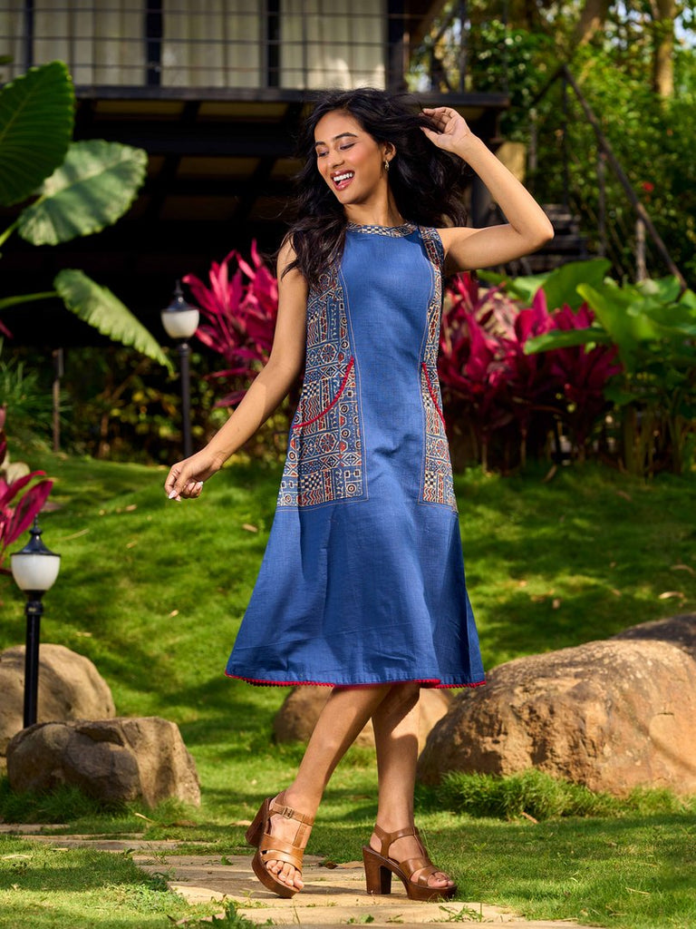Classic Indigo Blue Cotton Dress Featuring Ajrakh Printed Panels and Contrast Red Highlights