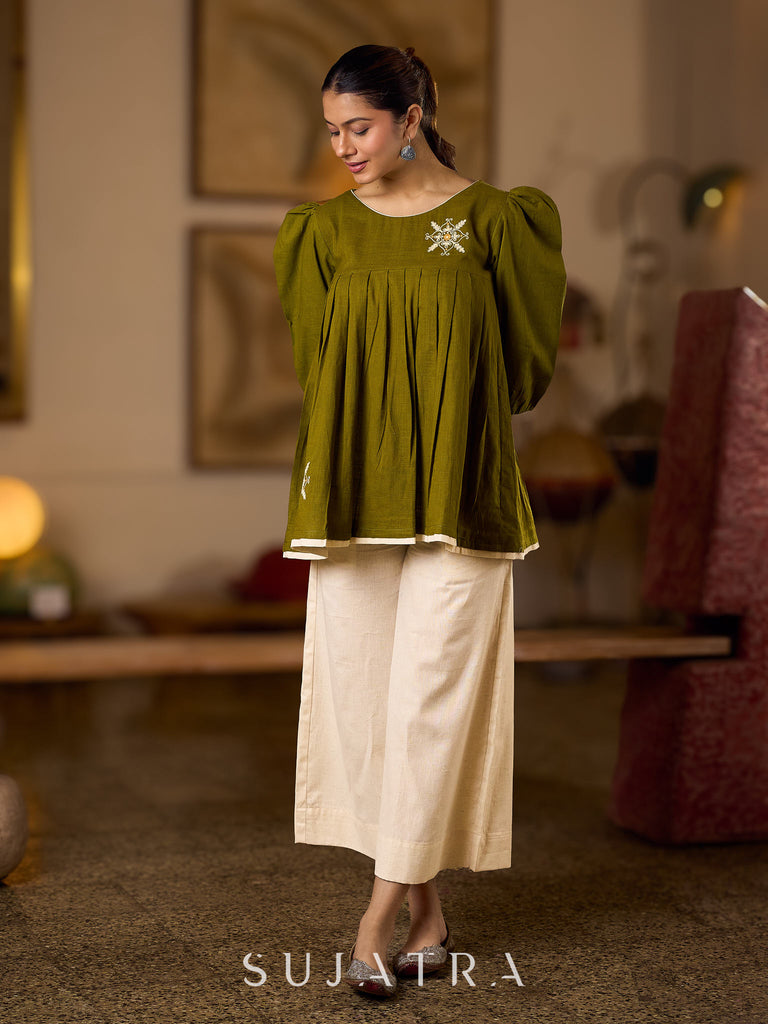 Contemporary Olive Green Pleated Top Adorned With Subtle Hand Embroidery & Refined Off White Accents