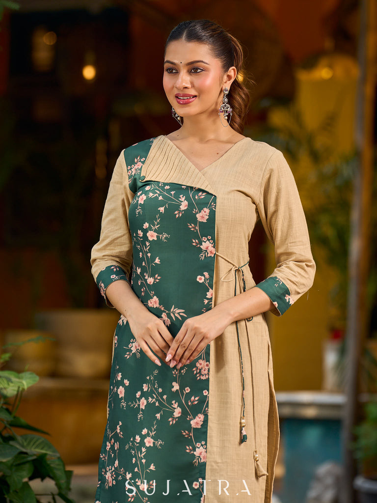 Green and beige digital-printed Angarkha Style kurta.