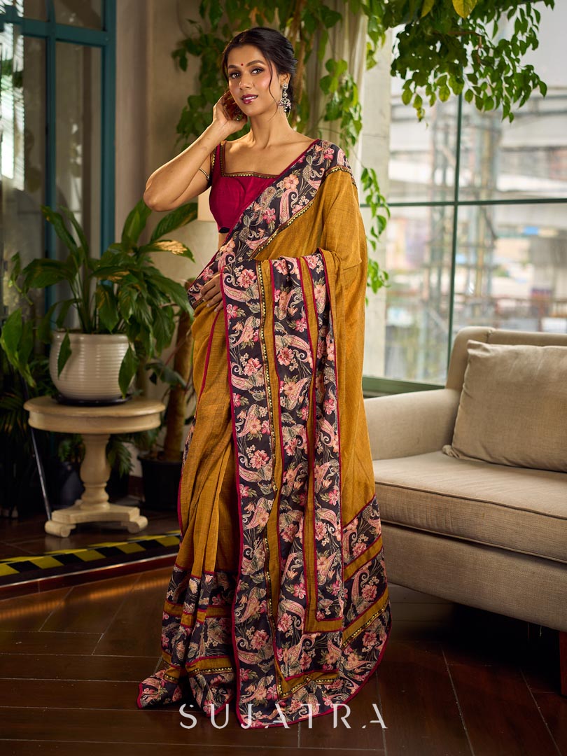 Cultural Mustard Cotton Saree with Kalamkari Floral Printed Border & Pallu & Gold Lace Trim