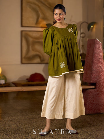 Contemporary Olive Green Pleated Top Adorned With Subtle Hand Embroidery & Refined Off White Accents