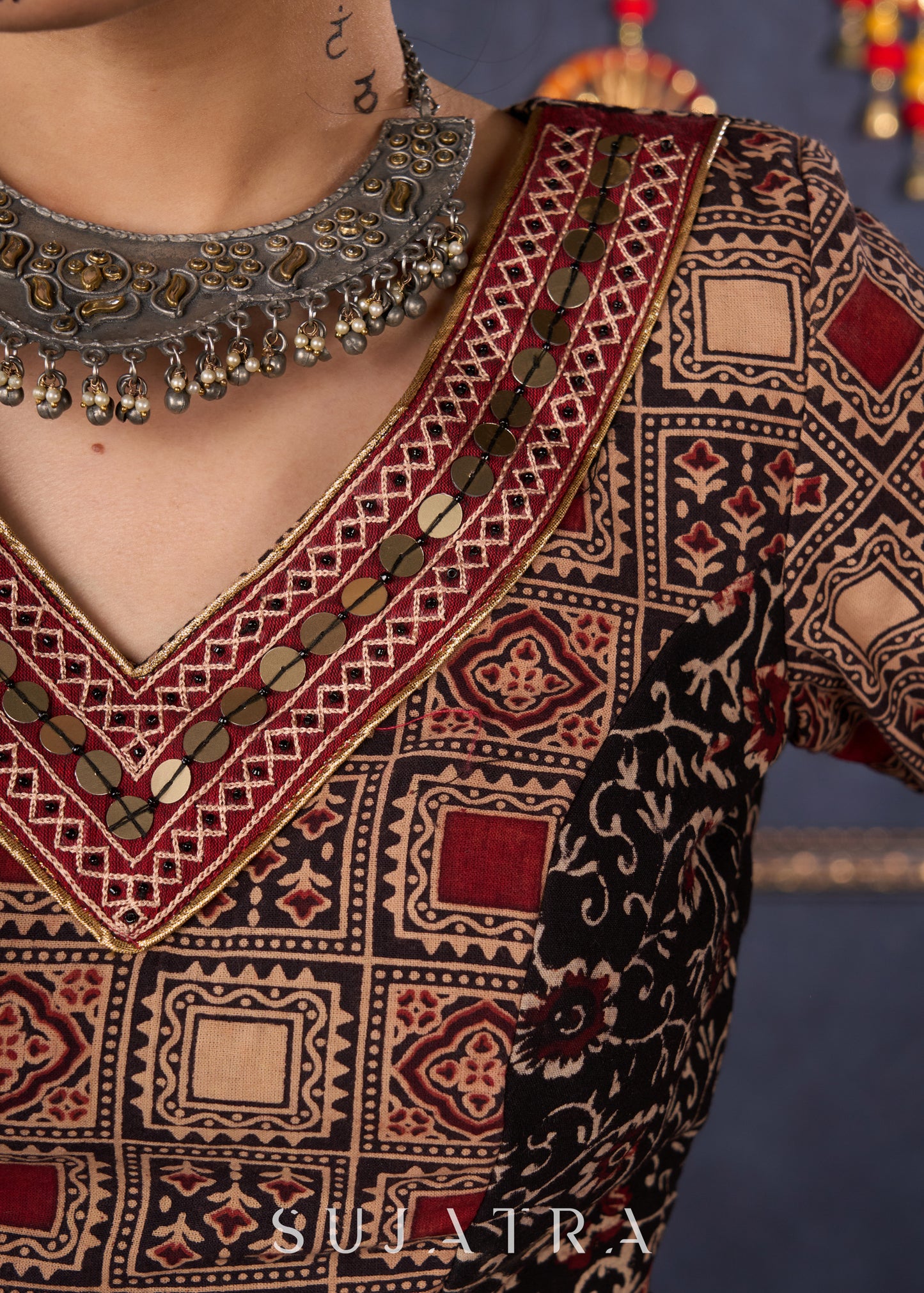 Elegant Maroon & Black Ajrakh Lehenga With Matching Blouse & Dupatta.