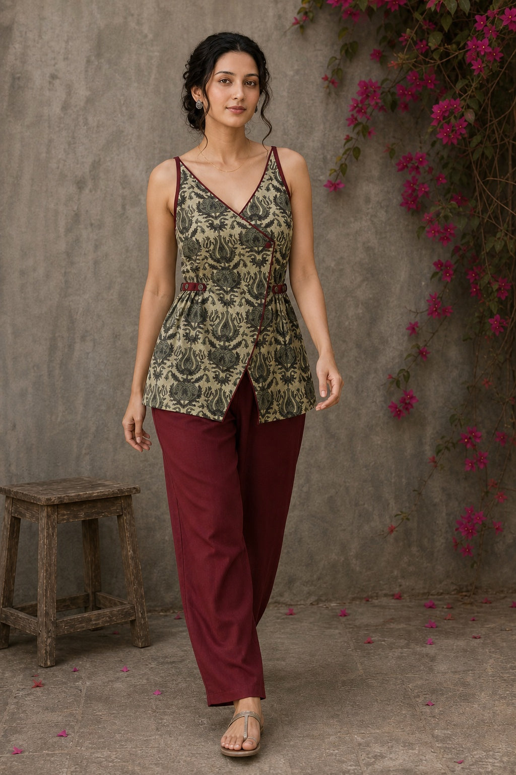 Rustic olive and maroon vegetable-dyed printed top with crossover styling and rich maroon accent detailing.