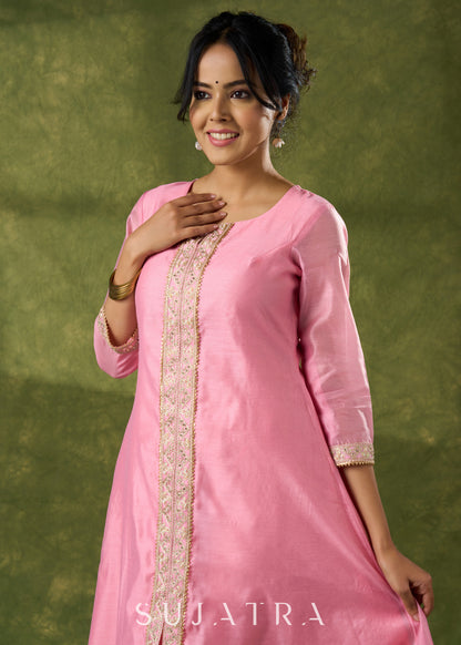 Delicate Pink Chanderi Kurta With Lace Works - Pant Optional
