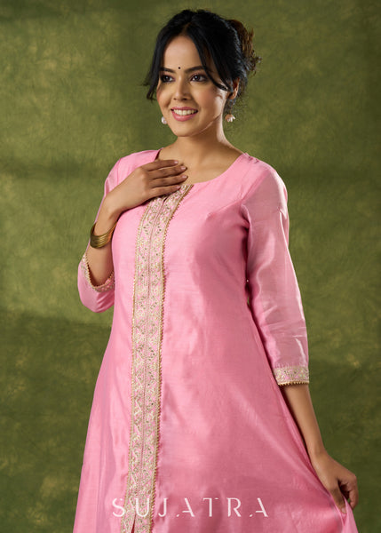 Delicate Pink Chanderi Kurta With Lace Works - Pant Optional