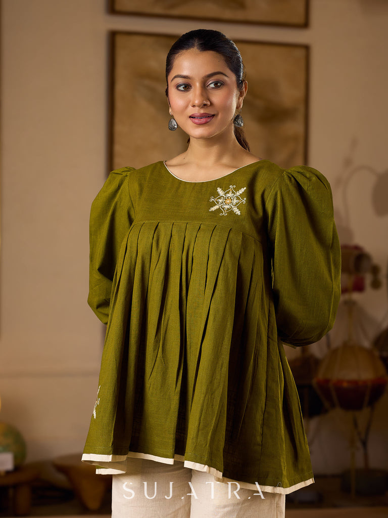 Contemporary Olive Green Pleated Top Adorned With Subtle Hand Embroidery & Refined Off White Accents