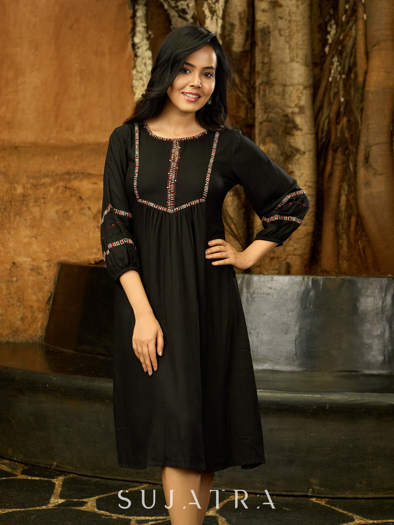 Black Bloom Hand-Kantha Embroidered Dress with Ajrakh Detailing and Statement Sleeves