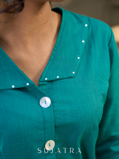 Peacock Green Cotton Shirt Featuring Bold Statement Collar
