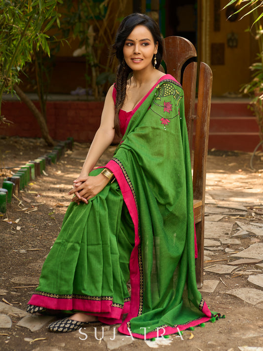 Green Cotton Saree with Handpainted Florals and Contrasting Pink & Black Border