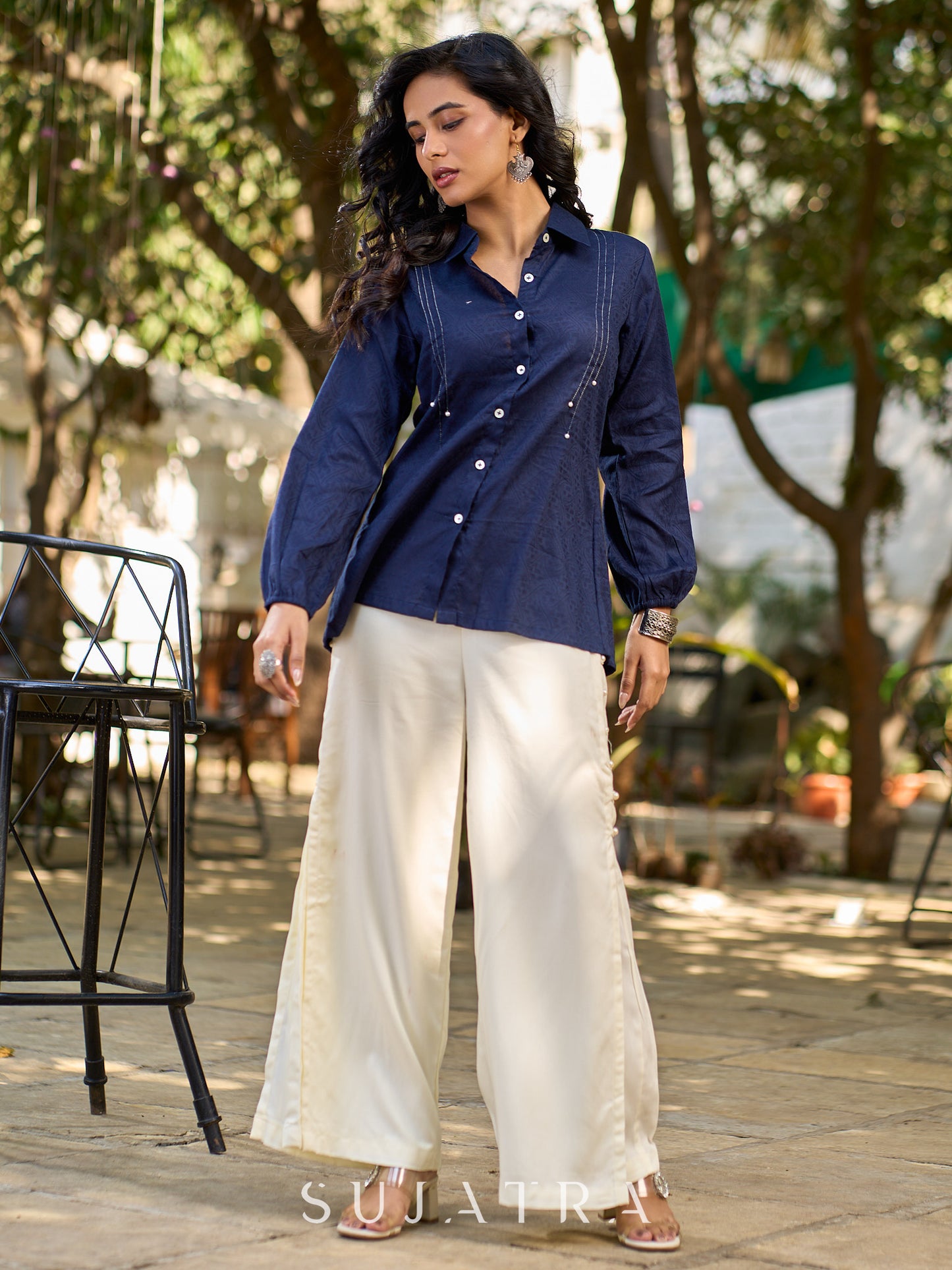 Chic Navy Woven Cotton Pintuck Shirt Featuring Soft Gathered Sleeves