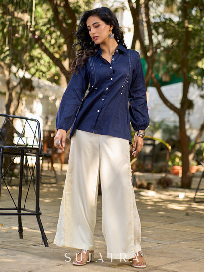 Chic Navy Woven Cotton Pintuck Shirt Featuring Soft Gathered Sleeves