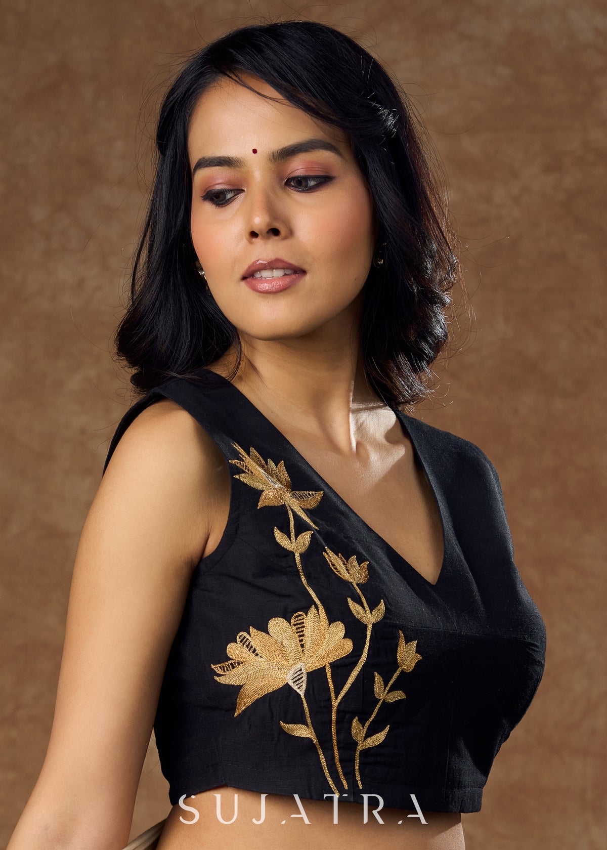 Dussehra Sale — Elegant black Cotton silk blouse with beautiful floral embroidery