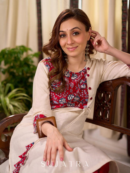 Off White Cotton Flex Apple-Cut Kurta with Red Printed Yoke and Tassel Detail