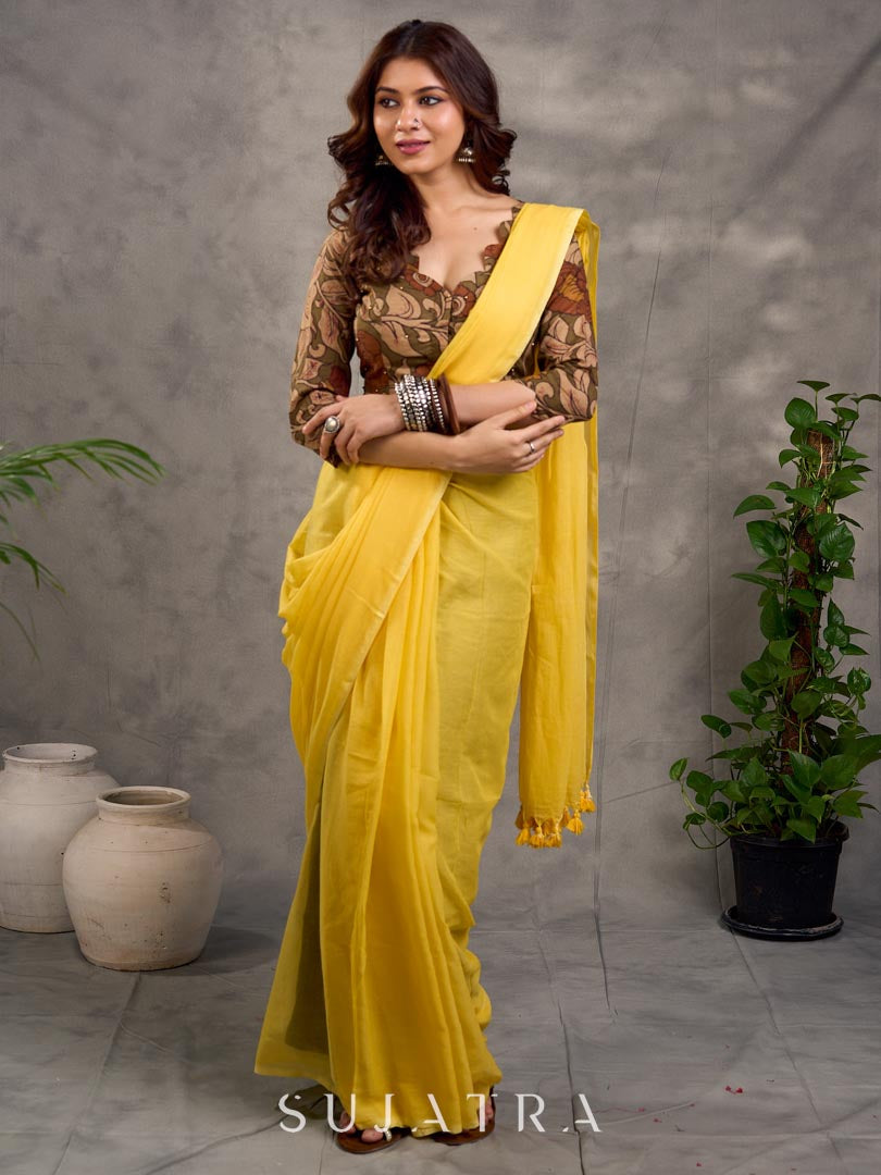 Vibrant Yellow Cotton Saree