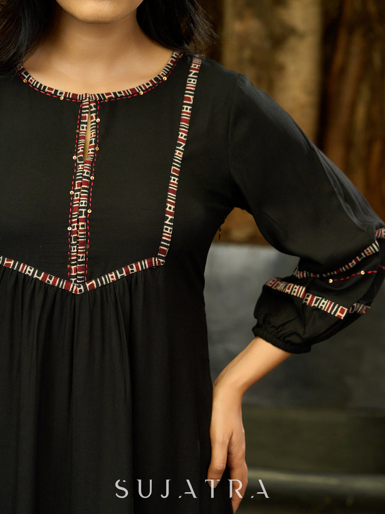 Black Bloom Hand-Kantha Embroidered Dress with Ajrakh Detailing and Statement Sleeves