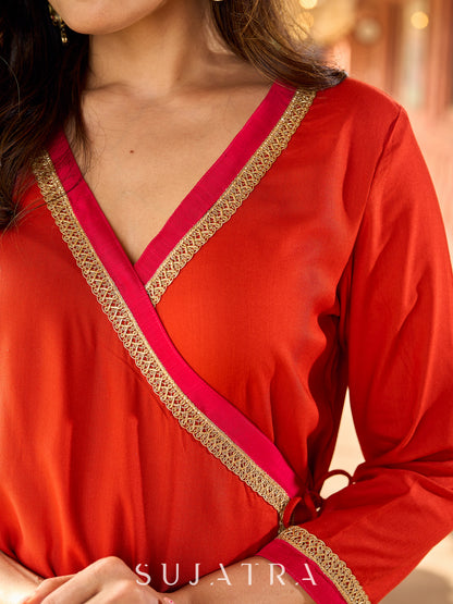 Beautiful Subtle orange A-line kurta with stylish overlapping front design -pant optional