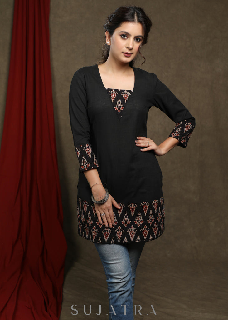 Classy black cotton tunic with beautiful ajrakh combination highlighted with pearls
