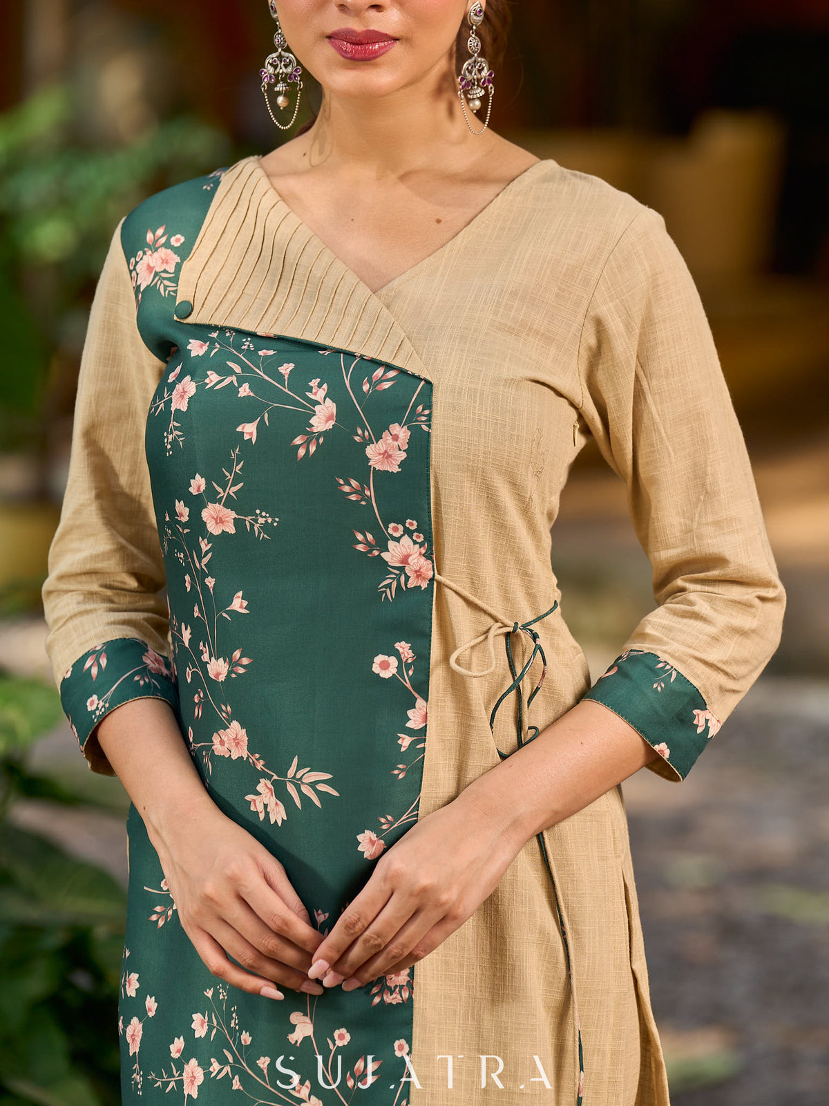 Dussehra Sale — Green and beige digital-printed Angarkha Style kurta. - Pant Optional