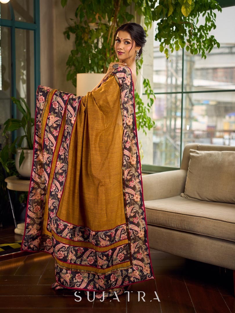Cultural Mustard Cotton Saree with Kalamkari Floral Printed Border & Pallu & Gold Lace Trim