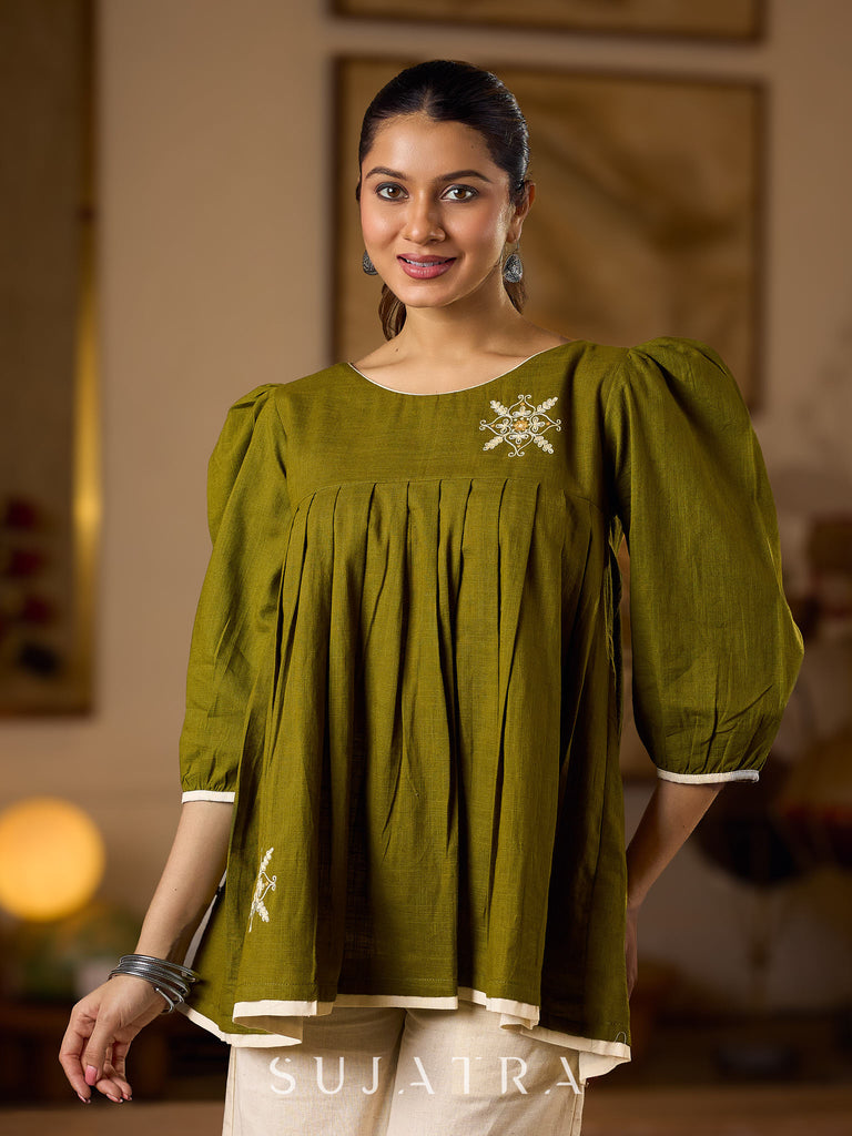 Contemporary Olive Green Pleated Top Adorned With Subtle Hand Embroidery & Refined Off White Accents