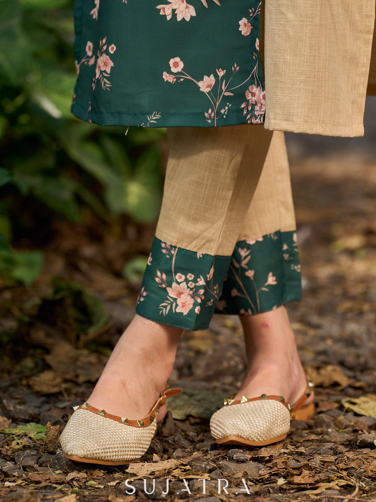 Biscuit Cotton Pant with Green Printed Border