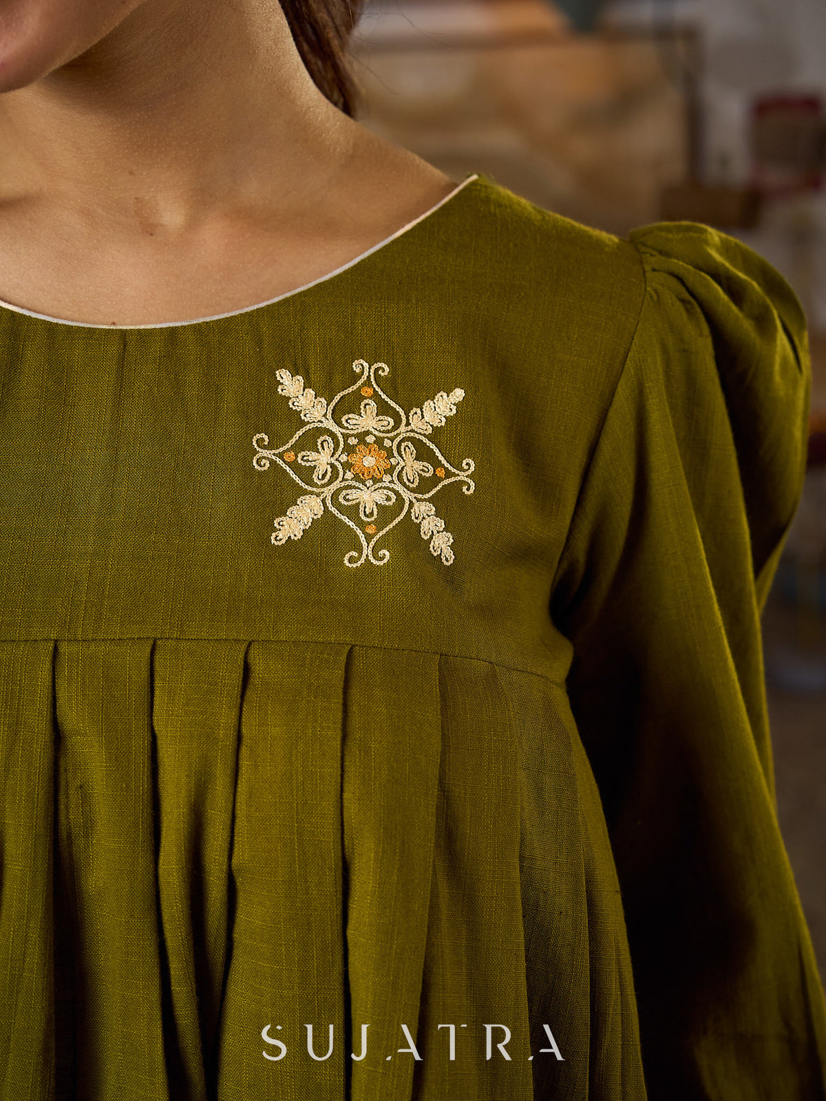 Contemporary Olive Green Pleated Top Adorned With Subtle Hand Embroidery & Refined Off White Accents - Pant Optional