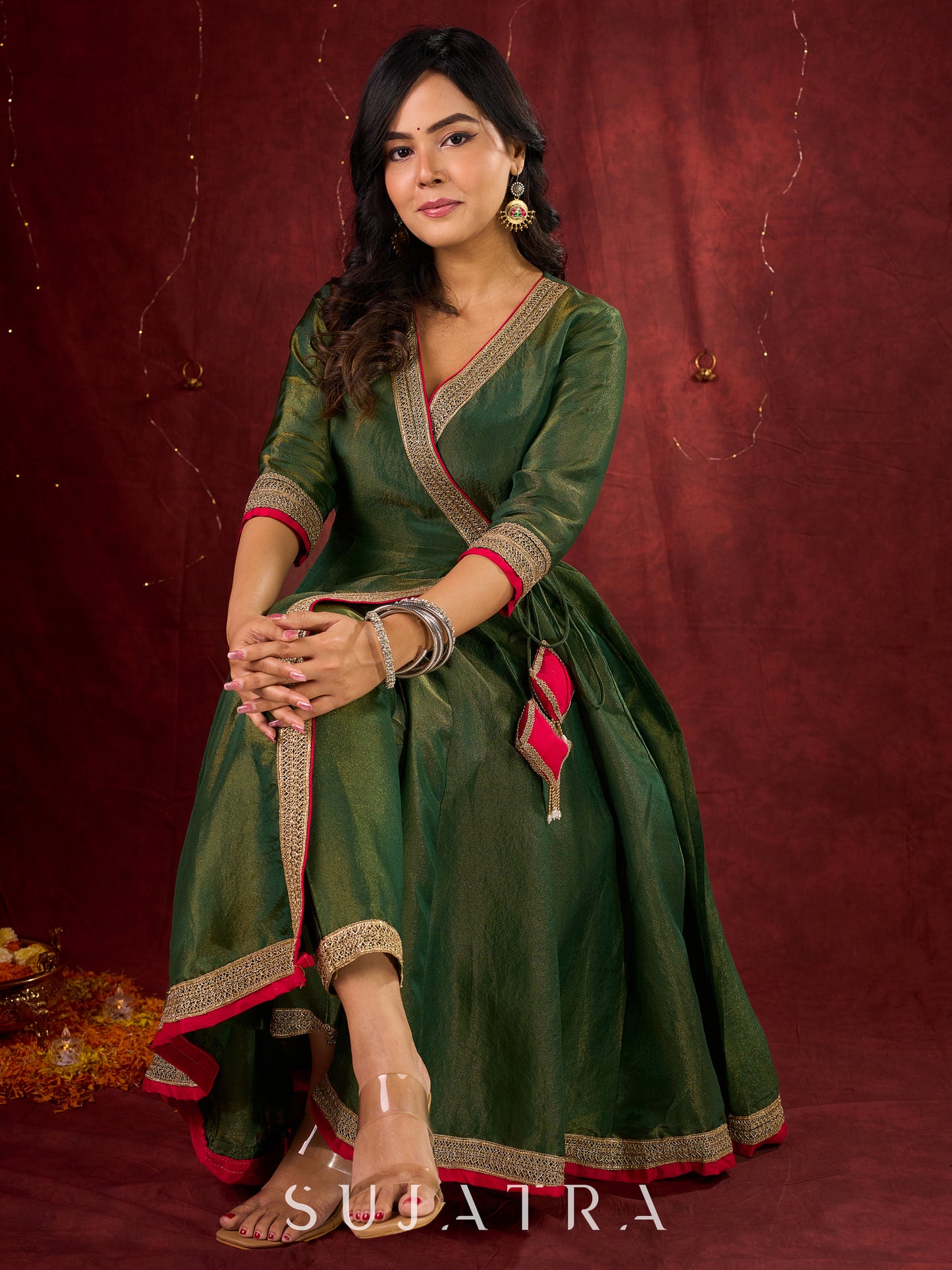 Jade Green Angarkha Anarkali with Eye-Catching Tassel Details