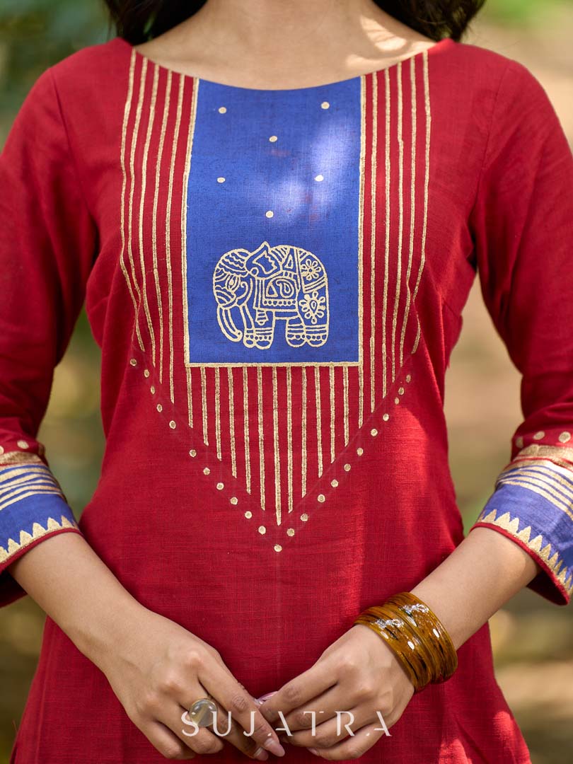 Dussehra Sale — Heritage Maroon Cotton Kurta with Traditional Temple Hand Block Print - Pant Optional