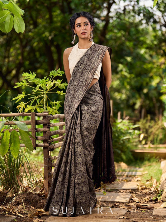 Contemporary Brown Cotton Saree with All-Over Floral Print