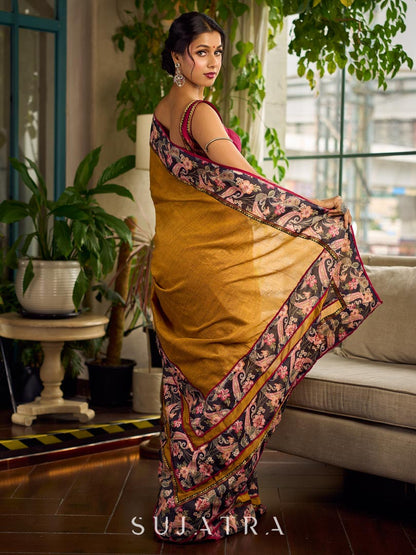 Cultural Mustard Cotton Saree with Kalamkari Floral Printed Border & Pallu & Gold Lace Trim